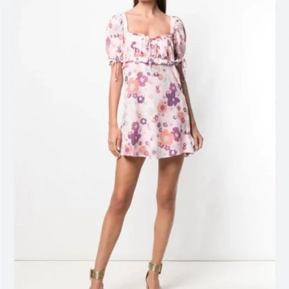 For Love and Lemons Magnolia Mini Dress- groovy pink floral mini dress - Picture 3 of 7